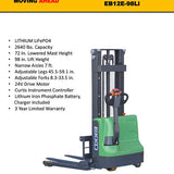 EKKO EB12E-98Li Lithium Iron Phosphate Straddle Stacker - 72" Mast Height, 98" Lift, Eco-Friendly & Efficient for Warehouse Stacking