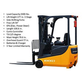 EKKO EK15A 3 Wheel Electric Forklift for Material Handling, 3300 lb Cap., 177" Lift Ht., Side Shift