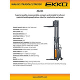 EKKO EA15C High-Capacity Semi-Electric Fork-Over Stacker - 3300 lbs Load Capacity, 119.3-inch Max Lift, Durable for Warehouse & Industrial Use