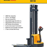 EKKO EB13E-138 High-Reach Full Powered Straddle Stacker - 2800 lb Capacity, 138-inch Lift Height, Ideal for High Stacking in Warehouses & Storage Areas