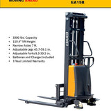 EKKO EA15B Heavy-Duty Semi-Electric Straddle Stacker - 3300 lbs Capacity, 119.4-inch Lift Height, Efficient Warehouse Lifting Equipment