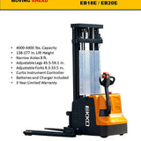 EKKO EB18E High-Capacity Full Powered Straddle Stacker - 4000 lb Load Capacity, 138-inch Lift Height, Ideal for Efficient Warehouse Stacking & Material Handling