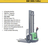 EKKO EB13ES-145Li High-Performance Full Powered Straddle Stacker - 2800 lb Load Capacity, 145-inch Max Lift Height, Ideal for Efficient, High-Level Warehouse Stacking